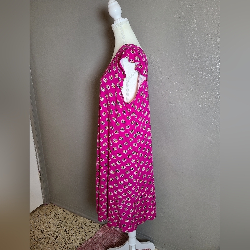 LOFT Hot Pink Floral V-Neck Midi Comfy Swing Dress EUC Plus Size 14 - Picture 3 of 10